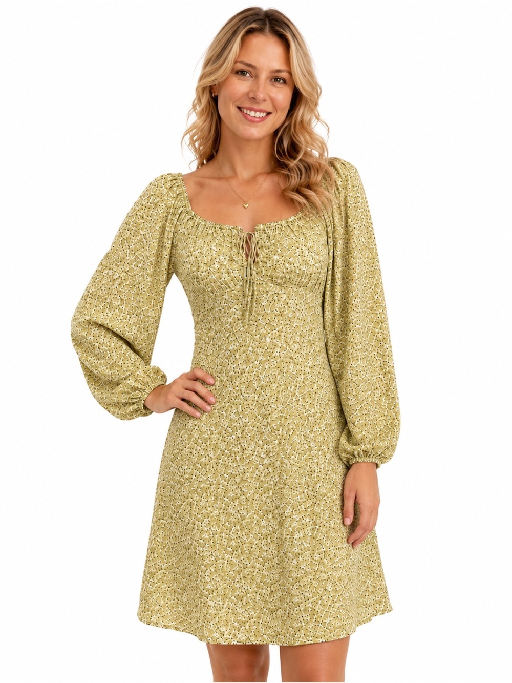 SHEIN Light Green Floral Long-Sleeve Mini Dress with Tie Front